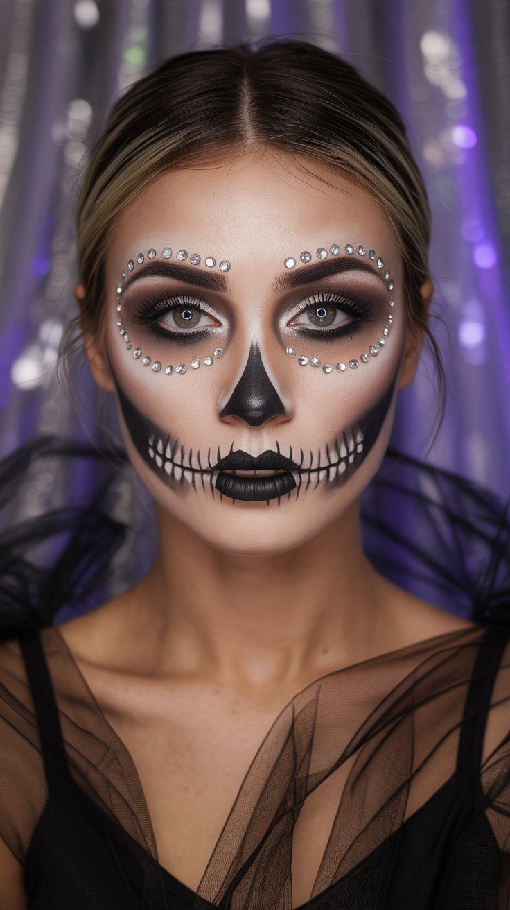 Glamorous Skull Makeup Look with Silver Rhinestones: Halloween Party Inspiration & Costume Ideas Featuring Dramatic Face Paint.