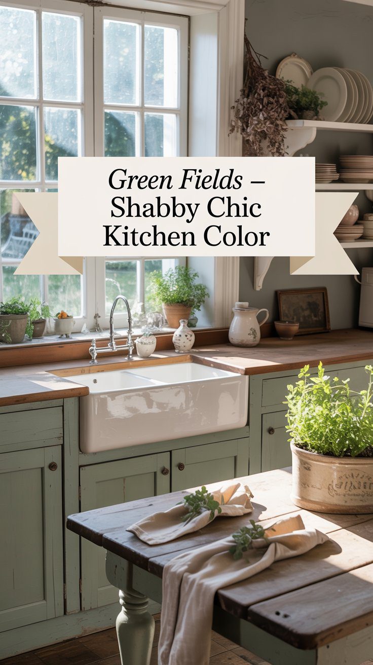 Shabby Chic Pastel Green Kitchen Inspiration – Farmhouse Decor, Vintage Style & Herb Accents.