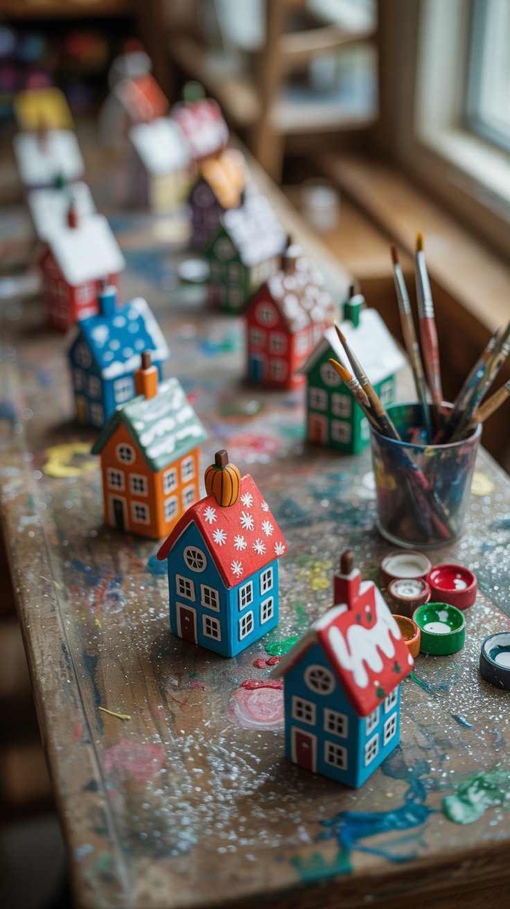 DIY Painted Wooden Miniature Houses: Creative Holiday Craft Ideas & Festive Table Decor with Paint Supplies for Home Projects.