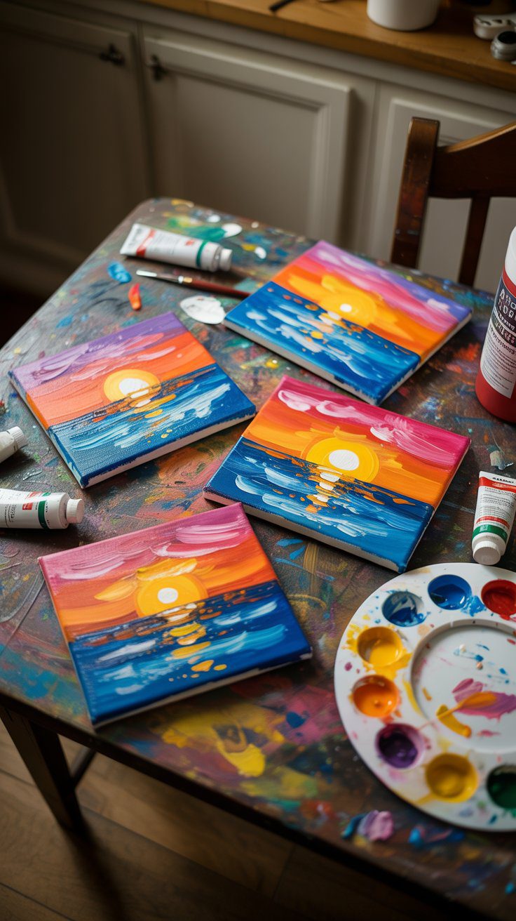 DIY Mini Canvas Sunset Ocean Art Ideas: Colorful Painting Inspiration & Supplies for Beach-Themed Home Decor Projects.