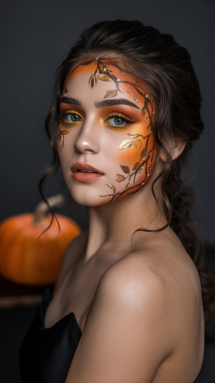 Autumn Makeup Inspiration: Fall Face Paint Ideas with Orange, Gold Leaves, and Pumpkins for Seasonal Beauty Looks.