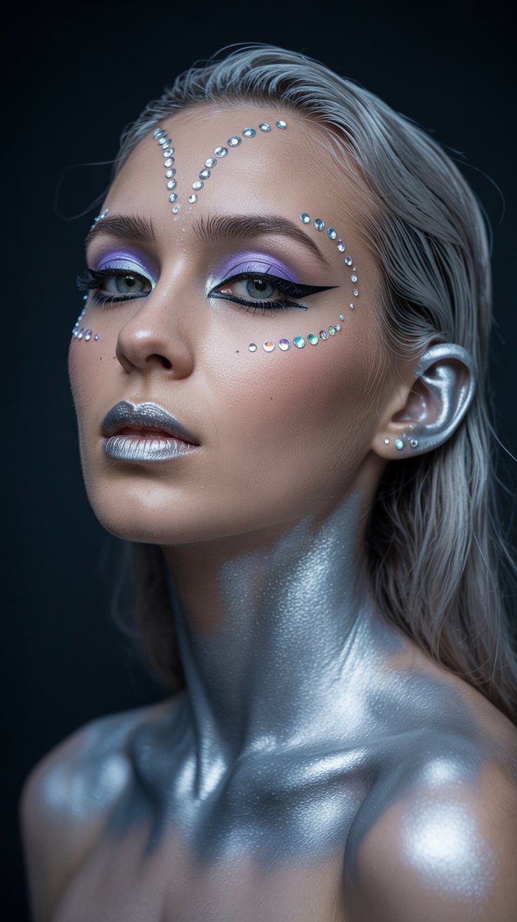 Futuristic Silver Makeup Inspiration: Dramatic Rhinestones & Metallic Body Paint for Glamorous Beauty Looks.