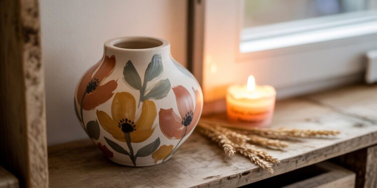 Cozy Autumn Home Decor: Colorful Ceramic Vase, Wheat Stalks & Candle Display Ideas by the Window.