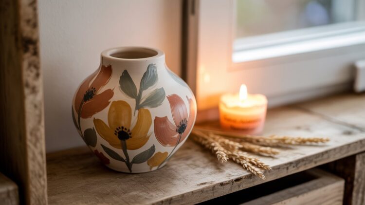 Cozy Autumn Home Decor: Colorful Ceramic Vase, Wheat Stalks & Candle Display Ideas by the Window.