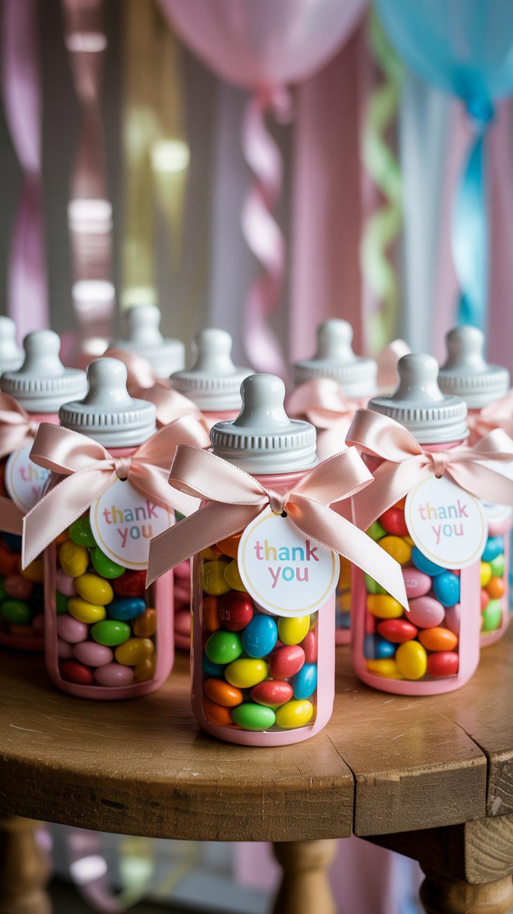 Candy-Filled Baby Shower Favors in Bottle Jars with Pink Ribbons – Cute DIY Gift Ideas for Parties & Thank You Table Decor.