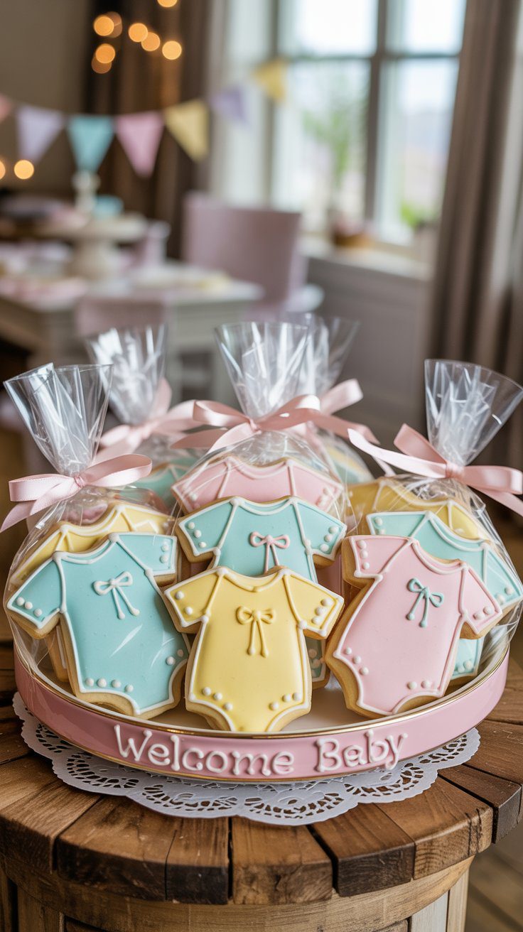 Baby Shower Onesie Cookies Display – Pastel Decor, Themed Treats & Party Table Inspiration for Baby Welcome Celebrations.