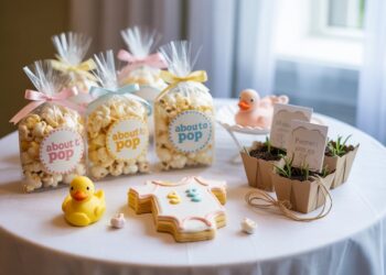 Baby Shower Table Decor Ideas: Popcorn Favors, Rubber Duckies, Onesie Cookies & Plant Gifts for Party Inspiration.