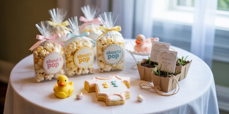 Baby Shower Table Decor Ideas: Popcorn Favors, Rubber Duckies, Onesie Cookies & Plant Gifts for Party Inspiration.