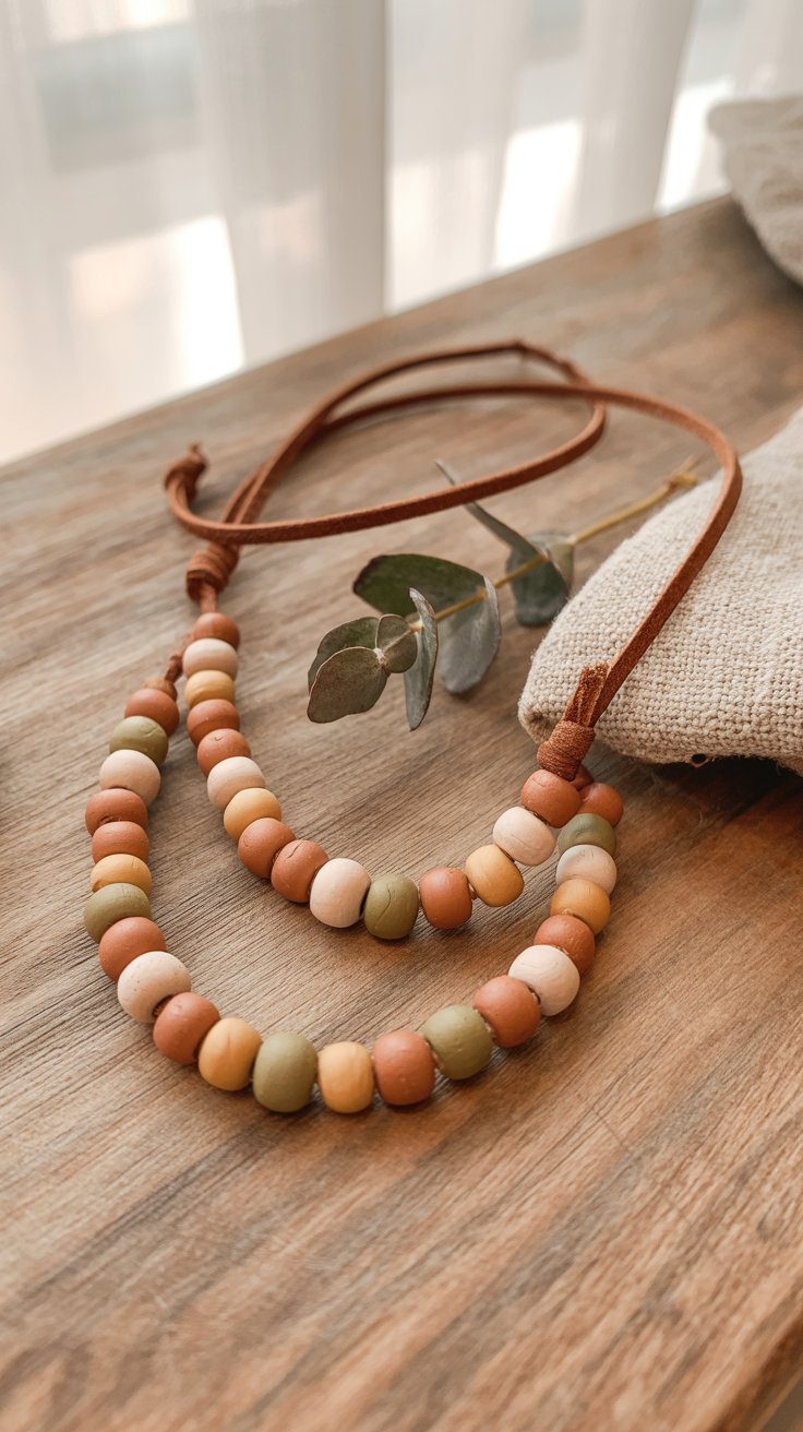 Handmade Clay Bead Necklace with Earthy Tones on Leather Cord – Boho Jewelry DIY Idea with Eucalyptus, Rustic Accessory Inspiration.