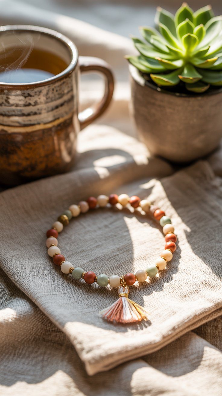 Cozy Morning Ritual: Beaded Tassel Bracelet, Coffee Mug & Succulent Decor in Sunlight – Home Relaxation Inspiration.