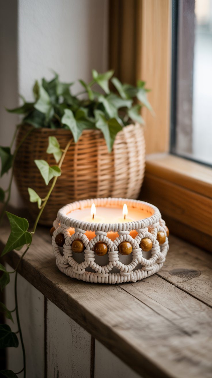 DIY Macrame Candle Holder Decor Ideas for Cozy Boho Homes | Wood Bead Accents, Basket, and Indoor Ivy Styling Inspiration.