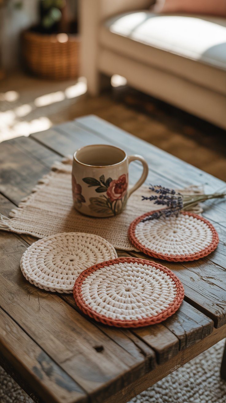 Crochet Coaster Patterns & Floral Mug Inspiration: Cozy Rustic Table Decor Ideas with Lavender for Home Decorating & DIY Crafts.