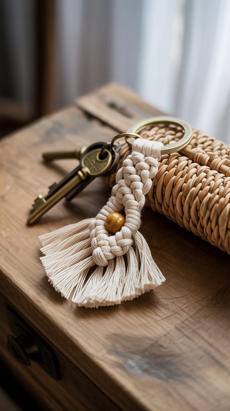 Boho Macramé Keychain DIY: Cream Braided Keychain with Wooden Bead for Keys – Unique Handmade Accessory on Wicker Decor.