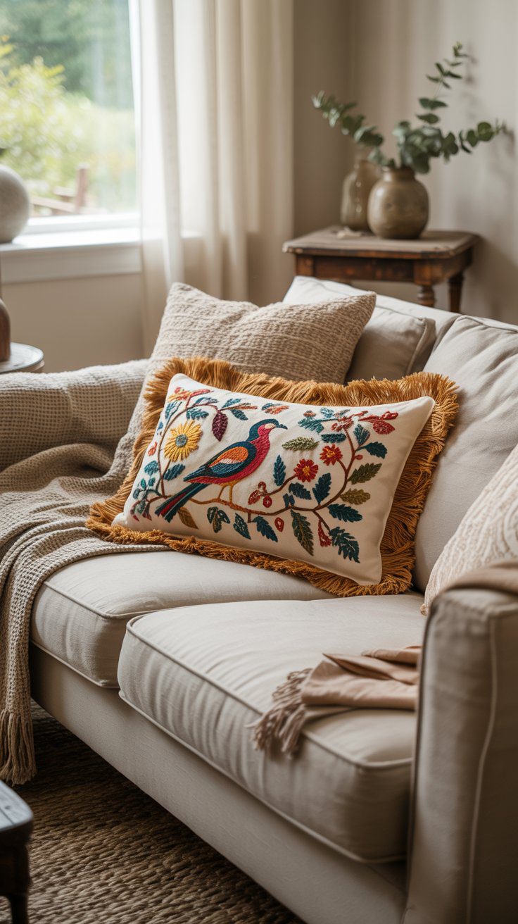 Beige Sofa Living Room Decor Ideas: Textured Pillows, Embroidered Cushions, Cozy Sunlit Spaces & Wooden Table Styling Tips.