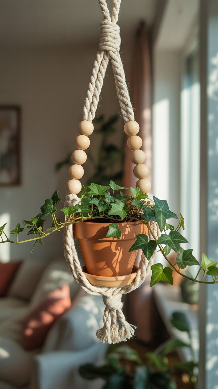 Boho Macramé Plant Hanger Decor with Ivy in Sunlit Living Room – Terracotta Pot, White Sofa & Large Windows Styling Ideas.