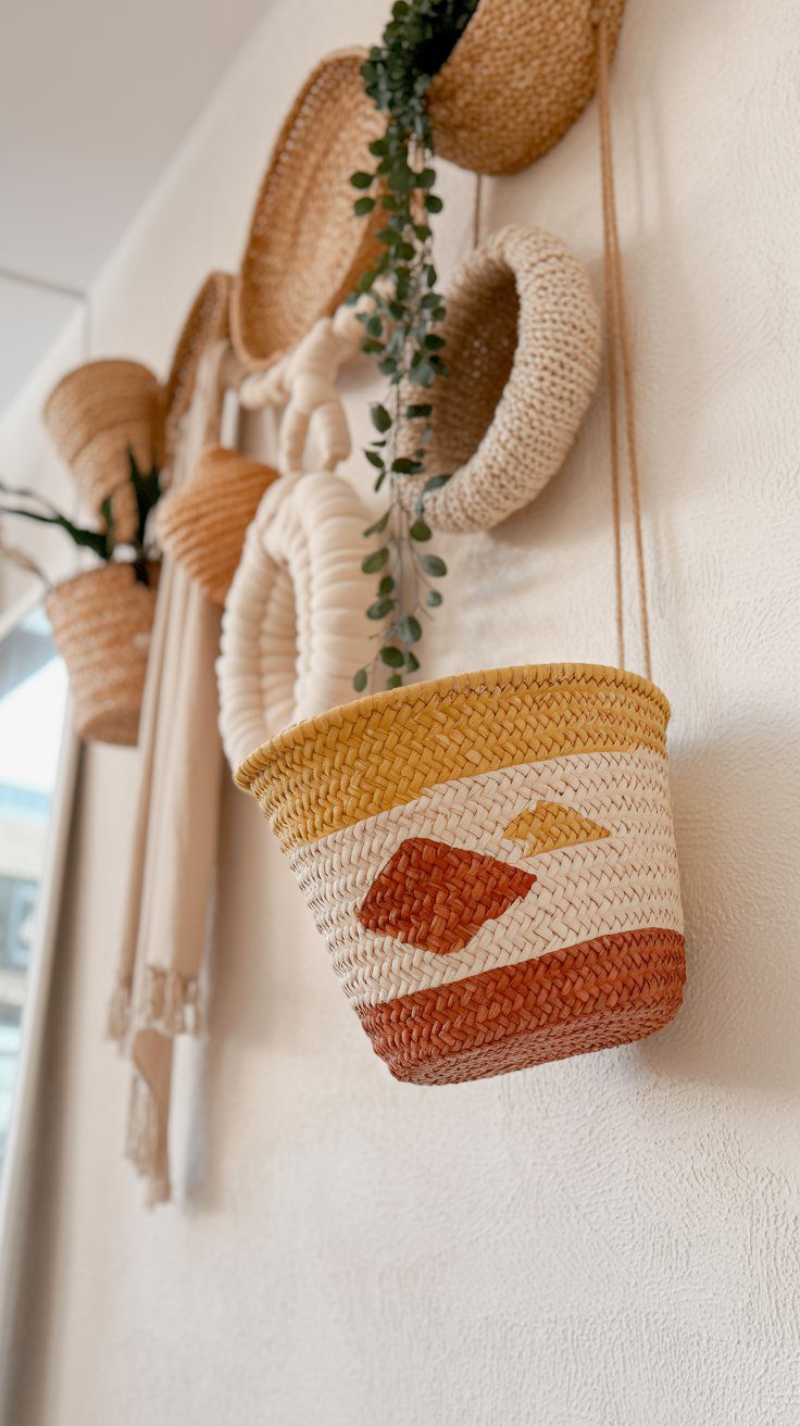 Boho Wall Basket Decor Ideas: Colorful Woven Baskets Display with Red, White & Yellow Patterns for Modern Home Styling.