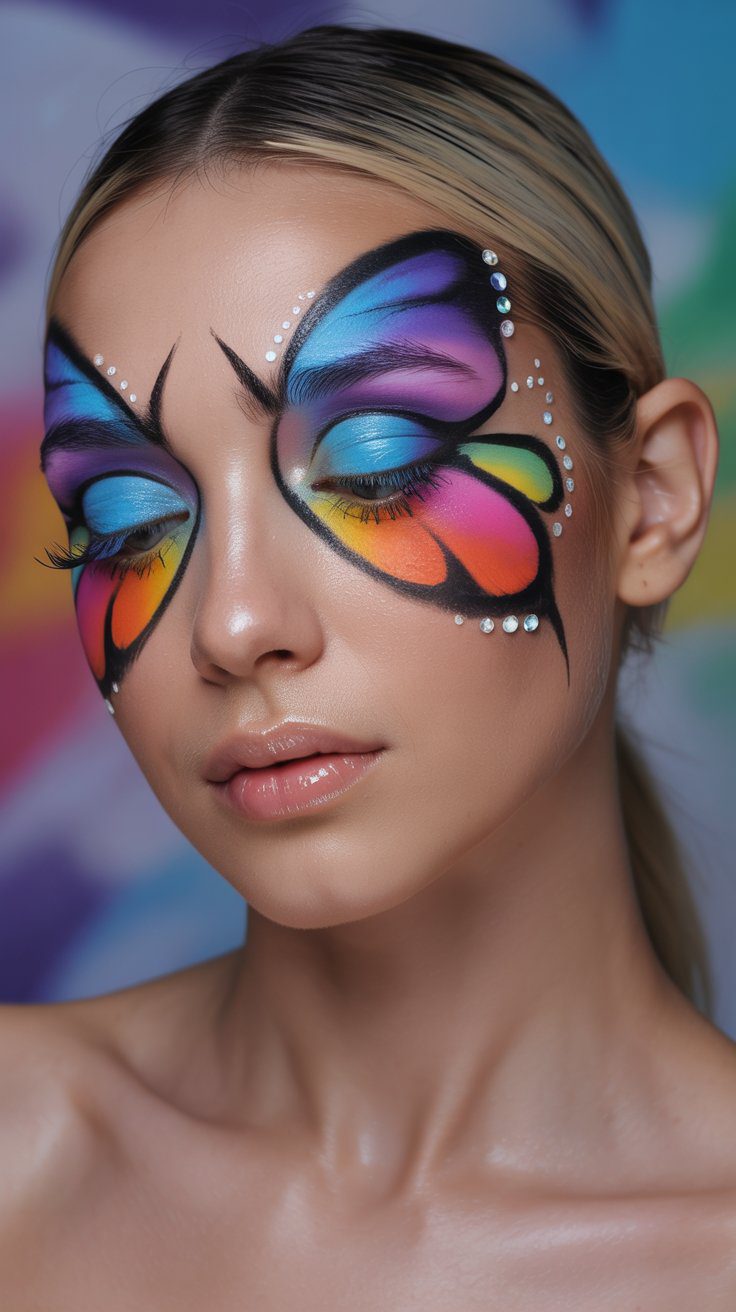Colorful Butterfly Wing Face Paint Design Inspiration for Women – Vibrant Makeup Ideas in Blue, Purple, Pink & Yellow.