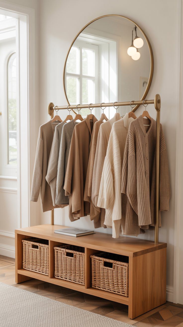 Entryway Organization Ideas: Stylish Wooden Organizer, Wicker Baskets, Mirror & Sweater Storage for Modern Home Decor.