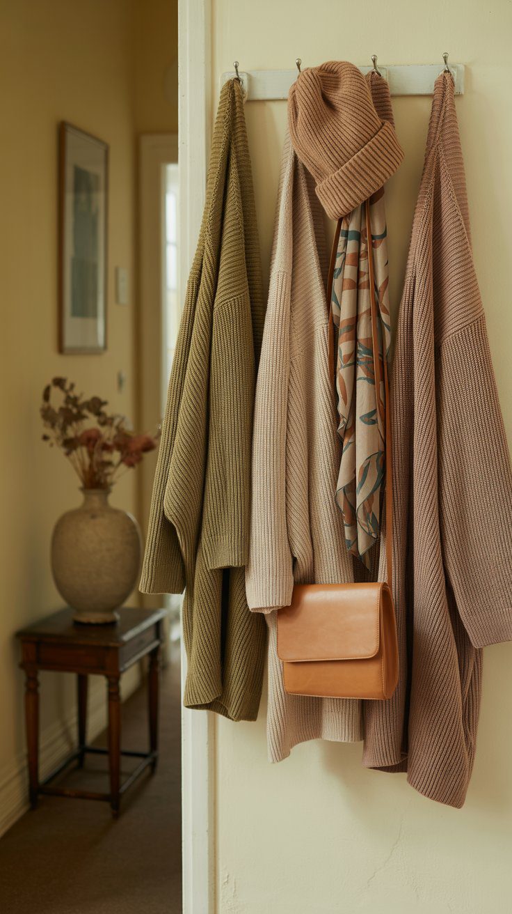Cozy Fall Entryway Decor Ideas: Cardigans, Knit Accessories & Neutral Bag on Hooks With Dried Flowers for Welcoming Hallway Style.