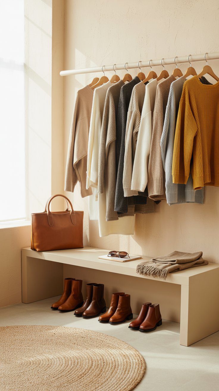 Chic Neutral Entryway Ideas: Stylish Organization with Sweaters, Boots & Accessories in Natural Light for Cozy Home Decor.