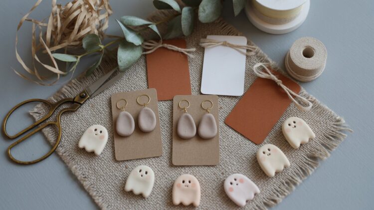 Discover inspiration for handmade crafts with this charming display of ghost-shaped clay earrings and charms, gift tags, ribbons, and dried foliage—an inviting flat lay that celebrates creative DIY projects.