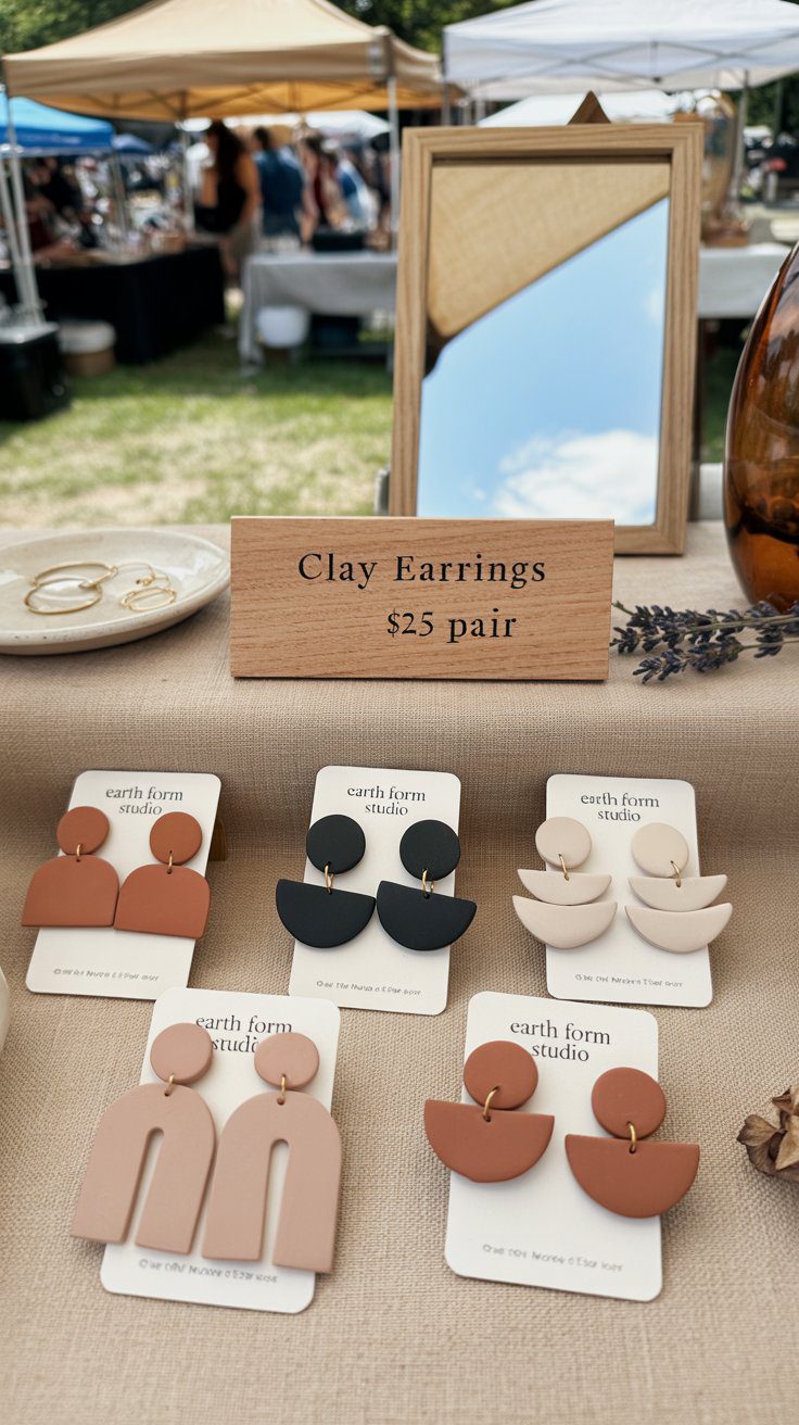 Clay earrings still dominate craft markets and Etsy, but the ones that sell now are sleek, neutral, and minimal — not wild patterns or chunky shapes. Think matte arches, half-moons, knots, or layered organic forms. Focus on wearability and style, not novelty. Lightweight clay, modern shapes, and clean presentation make these feel like boutique jewelry.
