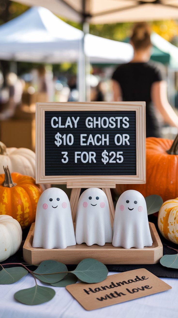 These little pastel or white clay ghosts sell like crazy from September through Halloween. They're tiny, lightweight, and perfect for tiered trays, shelf decor, or flat-lay photo props. What makes them sell? Simplicity. Keep the shape soft and rounded, with a subtle wave at the bottom like a floating sheet. Add blush cheeks, tiny black eyes, or leave them faceless for a minimalist look.