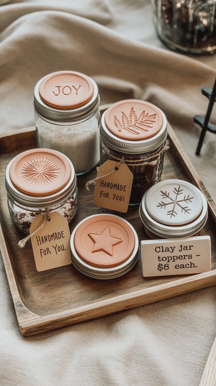 These handmade toppers turn any plain jar into a high-end gift. Use air-dry clay to create a flat disc that fits snugly over mason jar lids or candle tops. Press in a texture, stamp a seasonal word, or sculpt a simple shape — like a star, leaf, or snowflake. Once dry, you can paint or seal them, but raw clay in neutral tones sells just as well.