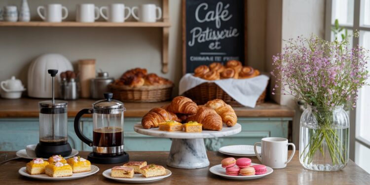 French Café Inspiration: Pastries, Croissants, Macarons, Coffee Bar & Cozy Table Decor – Parisian Pâtisserie Ideas.