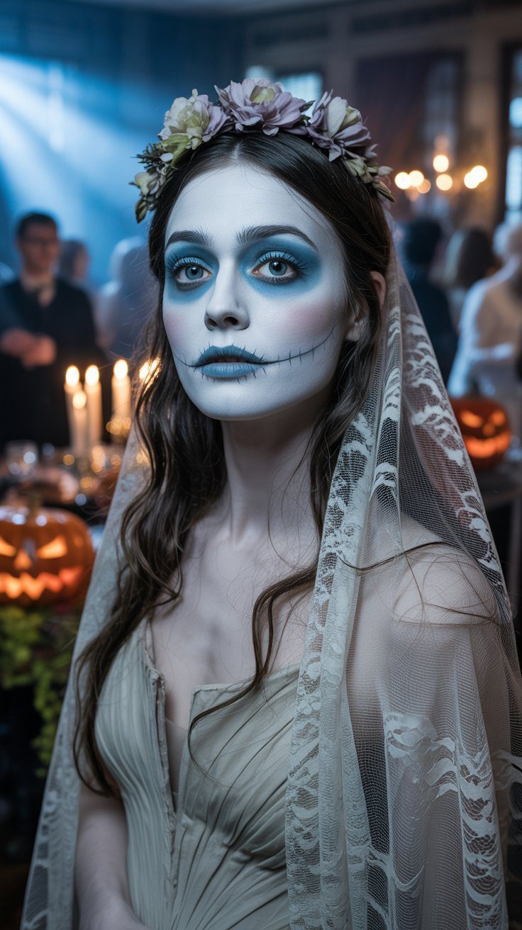 Day of the Dead Halloween Makeup Ideas: Woman in Lace Veil and Flower Crown with Skeleton Face Paint at Festive Party.