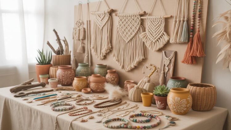 Boho Home Decor Ideas: Macramé Wall Hangings, Handmade Pottery, Beaded Jewelry, Woven Baskets & Succulent Display Inspiration.