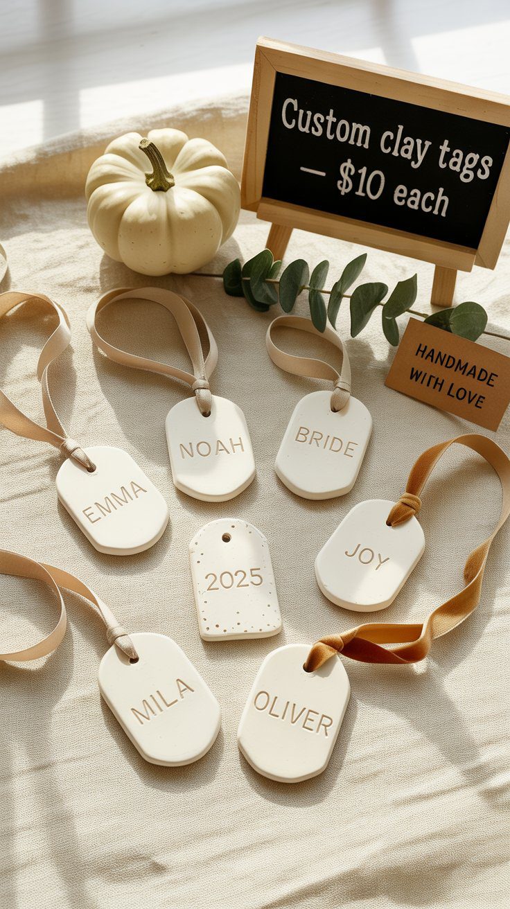 These sell year-round because they solve a real problem: people need something custom, giftable, and not mass-produced. Made from air-dry clay and stamped with names, dates, or short phrases, these tags double as holiday ornaments, gift wrap toppers, stocking labels, wedding place cards, and even pet name tags.