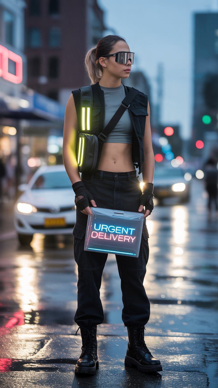 In this article, we explore the story of a woman navigating a futuristic cityscape at dusk. Dressed in high-tech apparel—including chunky boots, reflective outerwear, and oversized sunglasses—she stands in the midst of wet streets illuminated by neon lights and bustling traffic. Holding a glowing sign that reads URGENT DELIVERY, she represents the evolving role of couriers in an increasingly fast-paced urban environment driven by technology and immediacy.