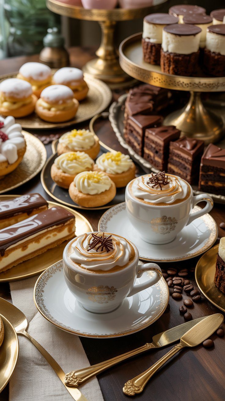 Discover how to create a dessert style coffee bar with cappuccinos, elegant pastries, and gold accents for your next café setup.