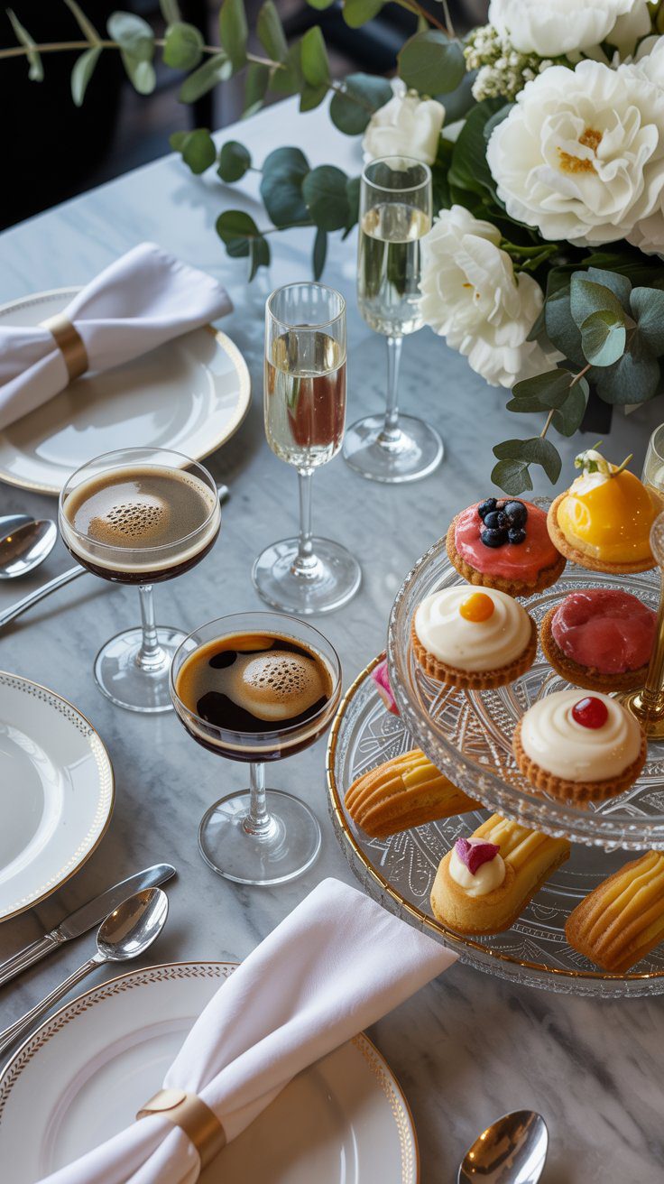 Discover how to create an elegant table with white napkins, chic drinks, a floral centerpiece, and pastry bar for café décor inspo.