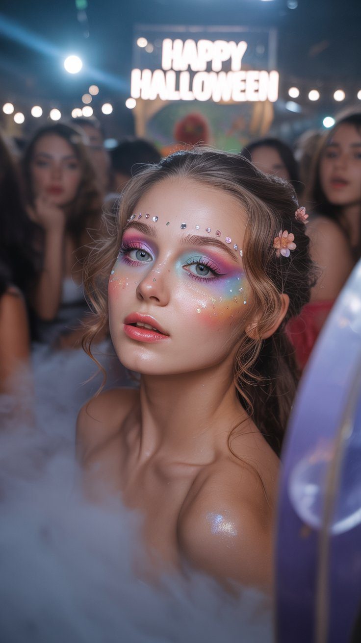 Halloween Party Makeup Ideas: Glitter Face Paint, Jeweled Accents, and Festive Hairstyles for Spooky Season Celebrations.