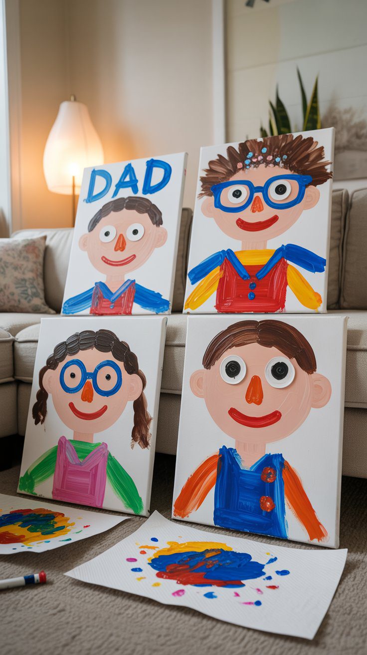 Creative Kids’ Art Project: DIY Cartoon Portrait Paintings with Family-Inspired Designs and Easy At-Home Craft Supplies.