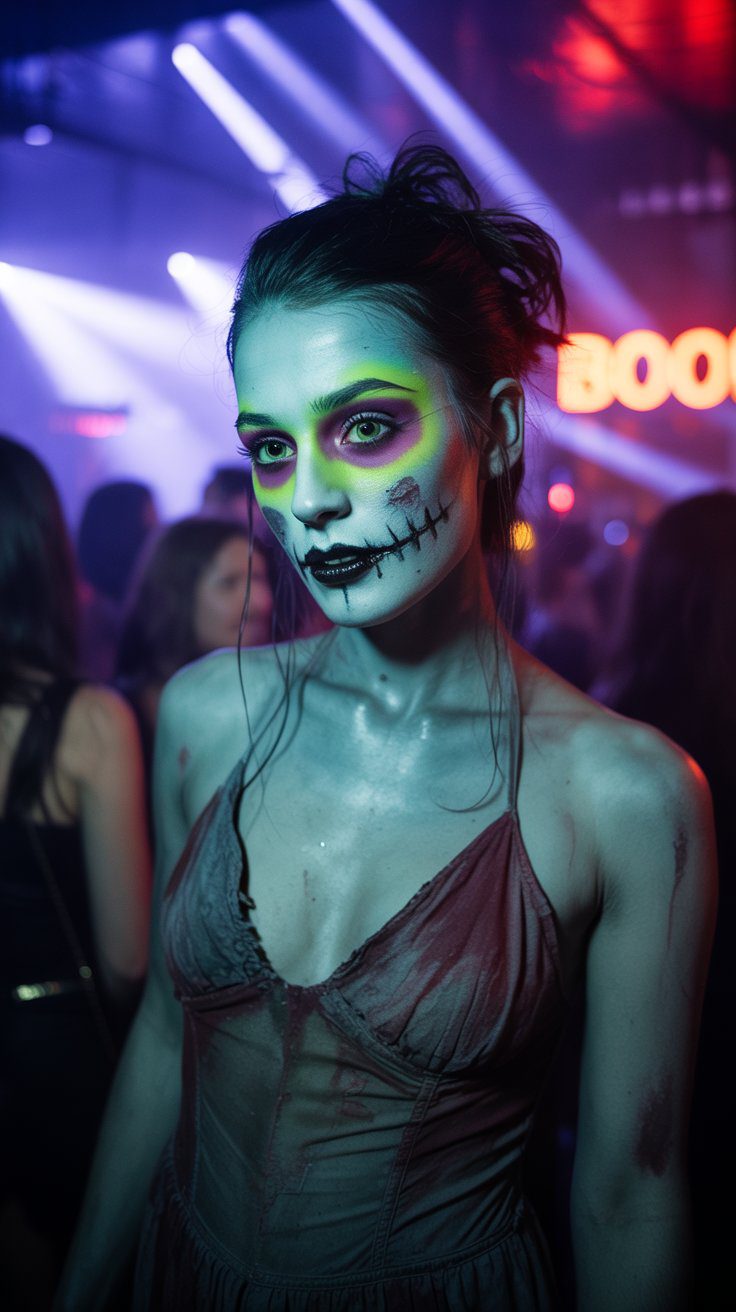 Halloween club costume inspiration: Green face paint makeup, neon eyes, spooky stitched lips, nightlife party looks.