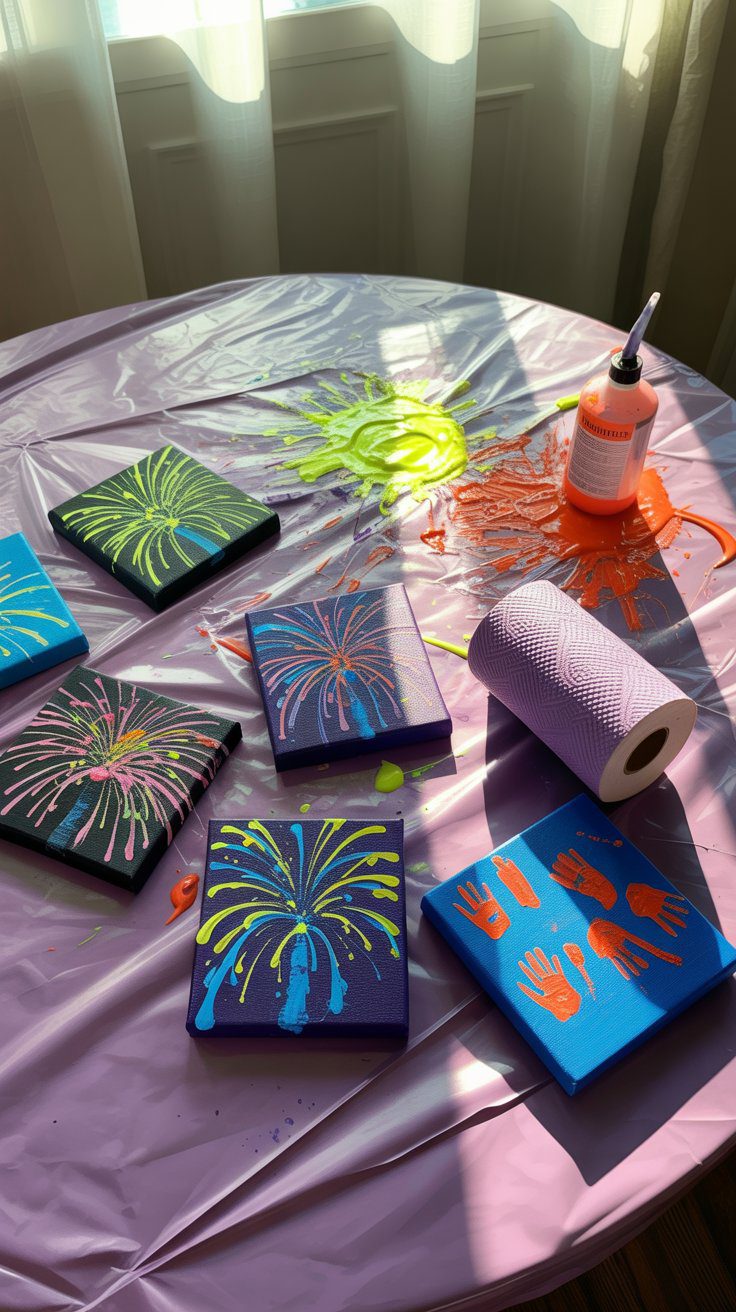 DIY Firework Art Project for Kids: Neon Paint on Canvas Craft with Supplies on a Purple Table for Summer Activities.