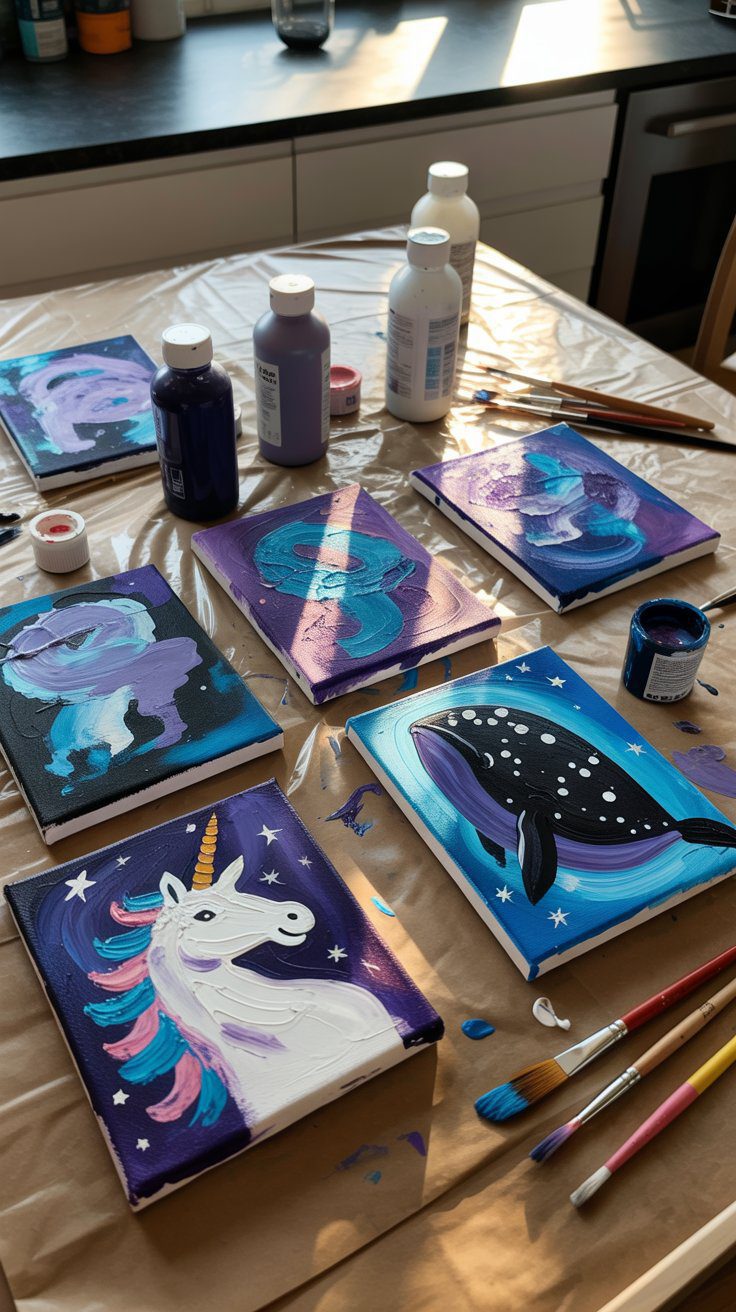 DIY Unicorn and Whale Painting Ideas for Kids – Fun Canvas Art Project with Supplies in a Bright Kitchen Setting.