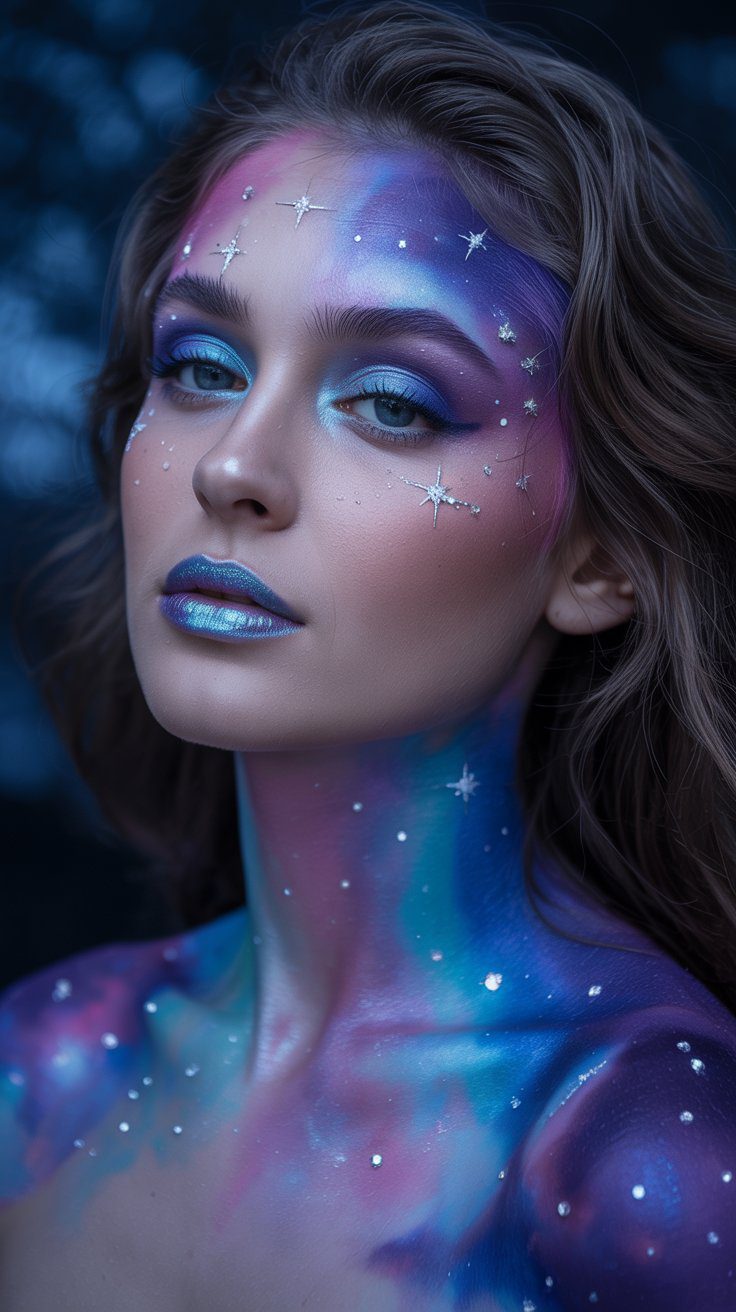Galaxy Face Paint Makeup Ideas: Cosmic Blue, Purple & Pink Body Art Inspiration for Night Sky Looks.