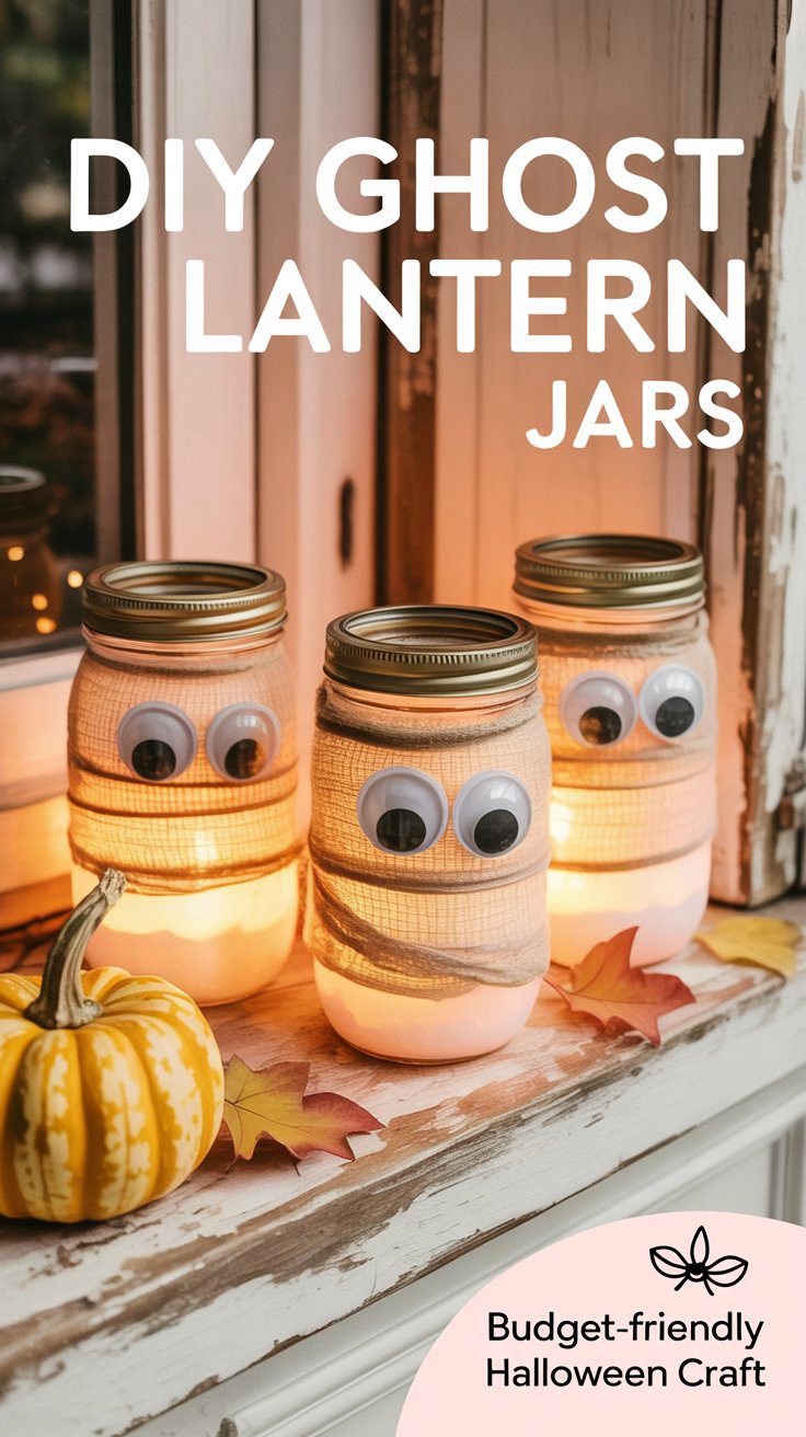 DIY Ghost Lantern Jars: Easy Mason Jar Halloween Craft with Googly Eyes, Pumpkin, and Fall Leaves – Budget-Friendly DIY Decor Ideas.