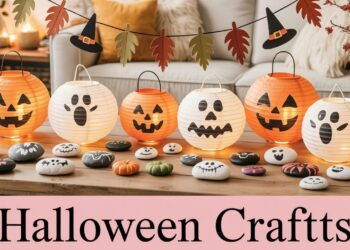 DIY Halloween Crafts: Jack-O-Lantern Paper Lanterns, Painted Pumpkin Stones & Festive Garland Ideas for Fall Decor.