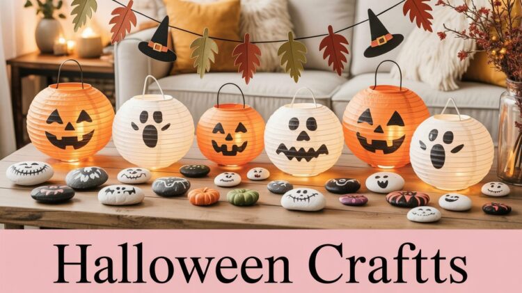 DIY Halloween Crafts: Jack-O-Lantern Paper Lanterns, Painted Pumpkin Stones & Festive Garland Ideas for Fall Decor.