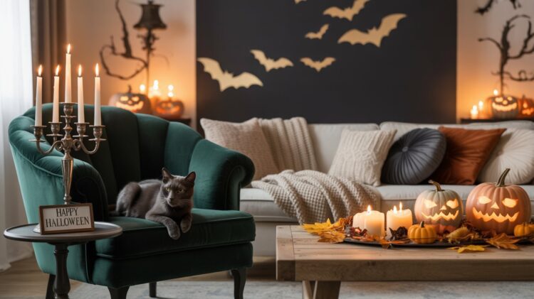 Halloween Living Room Decor Ideas: Cozy Pumpkins, Candles, Black Bats & Cat for Festive Home Styling.