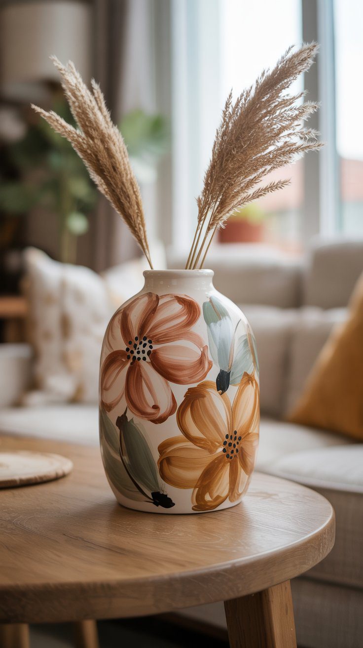 Boho Living Room DIY Decor Ideas: Pampas Grass in Floral Vase on Wood Table with Cozy Neutral Sofa and Cushions.
