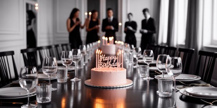 Elegant Pink Birthday Cake Celebration Table Setting with Candles and Guests – Party Inspiration Decor Idea.