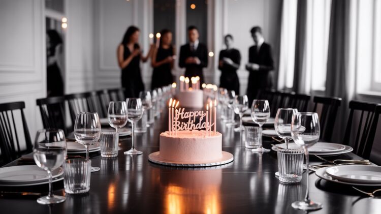 Elegant Pink Birthday Cake Celebration Table Setting with Candles and Guests – Party Inspiration Decor Idea.
