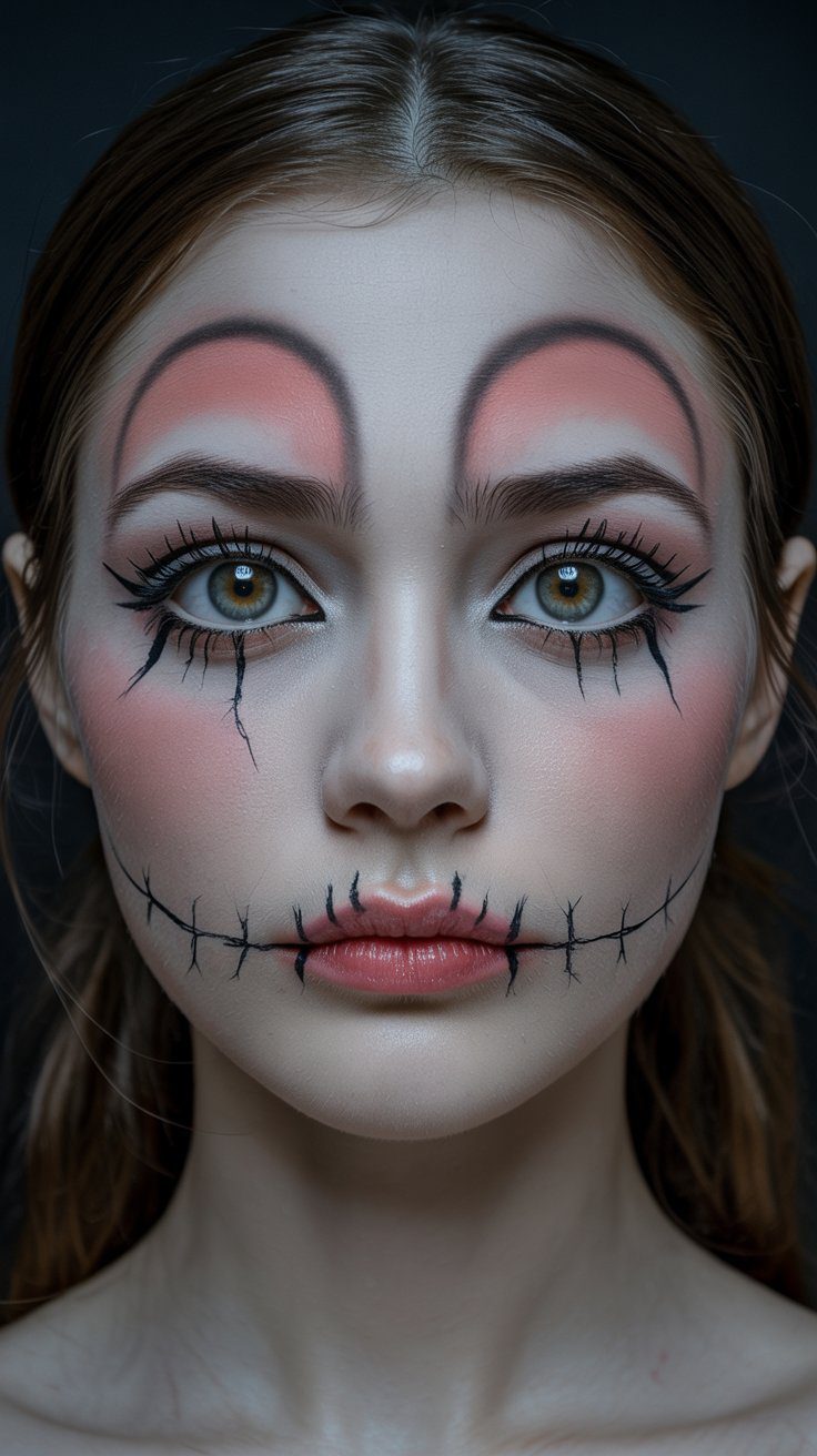 Stitched Doll Makeup Look: Dramatic Makeup Inspiration with Exaggerated Eyebrows, Rosy Cheeks, and Halloween Face Art.