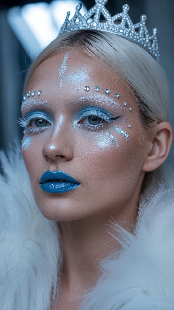 Icy Winter Glam Makeup Look: Platinum Blonde with Silver Crown, Blue Lips & Rhinestone Details in White Fur for Holiday Inspiration.